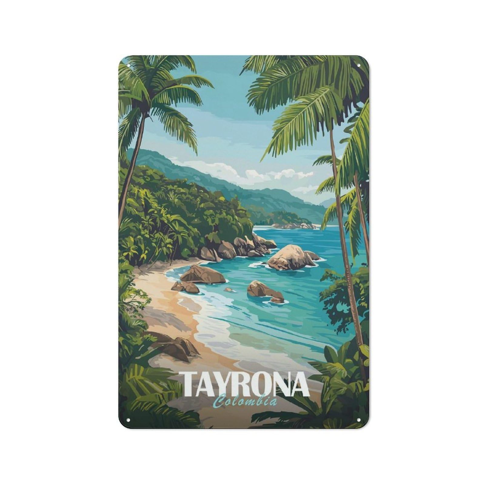 Junmoney Style-10 Tin Wall Sign With Tayrona Beach, Colombia Design 30X20cm, Cosy Cafe Wall Decor For Kitchen, Cafe, Pantry Or Dining Room