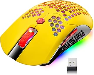 Wireless Gaming Mouse,16 RGB Backlit Ultralight Wireless/Wired Mice with Programmable Driver,Rechargeable 800mA Battery,Pixart 3325 12000 DPI,Lightweight Honeycomb Shell for PC Gamers (Yellow)
