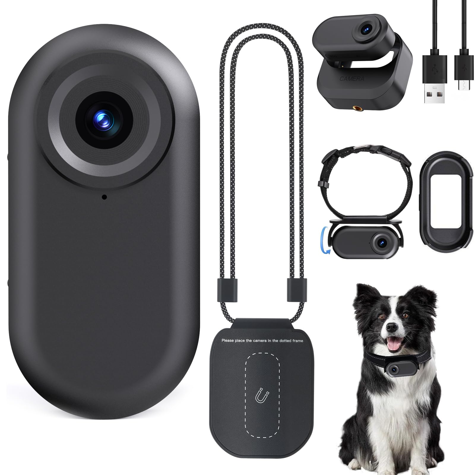 ZOMFOM Portable 1.47'' Screen Thumb Mini 1080P Body/Sports/Pets Camera, Dual Battery with Magnetic Plus Battery Compartment, Dog Collar (Black)