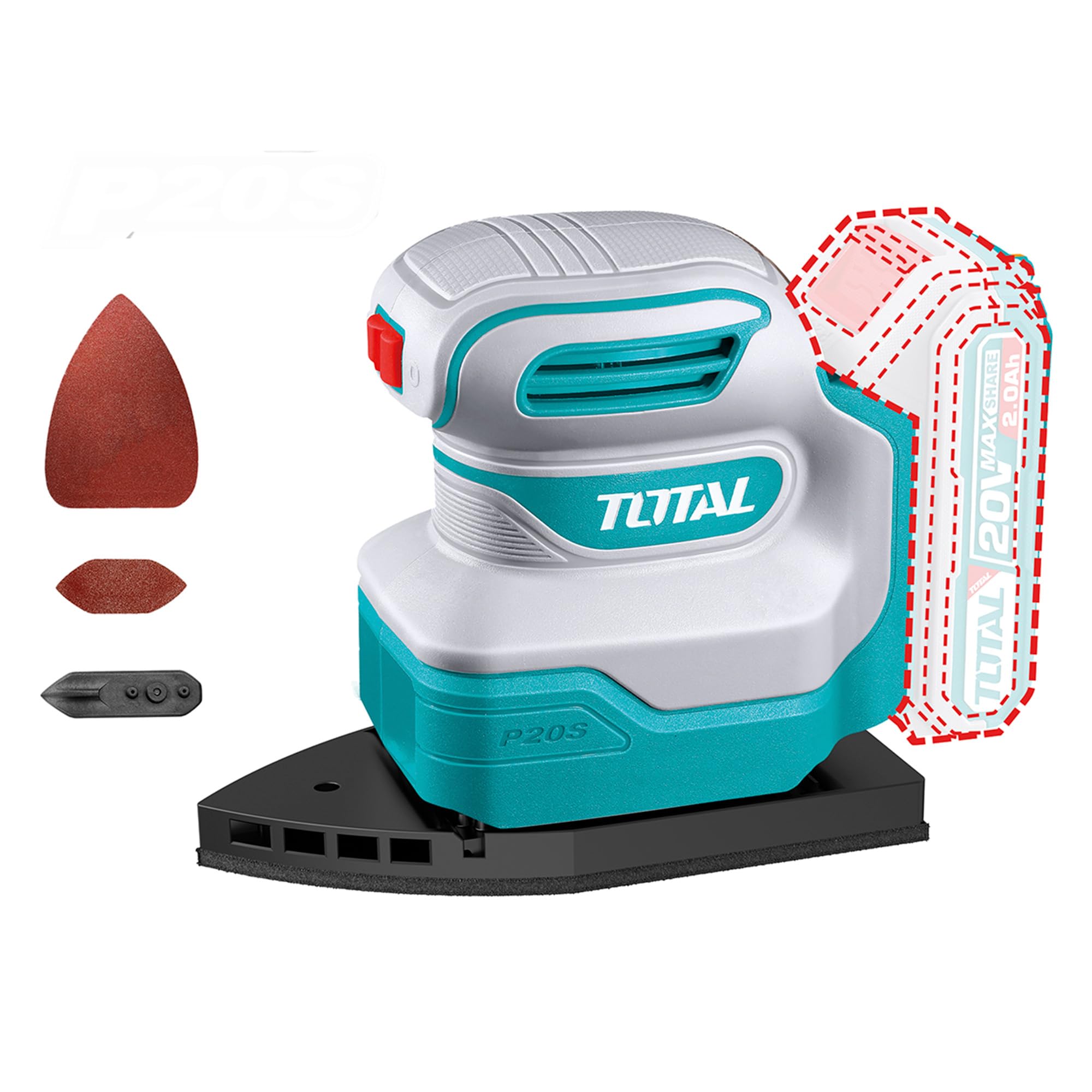 TOTAL - Levigatrice Delta a batteria | Batteria da 20V a lunga durata | Facile da usare | Include 3 tamponi e 3 carte abrasive Delta | Perfetta per angoli e bordi | Velocità a vuoto 12.000 giri/min