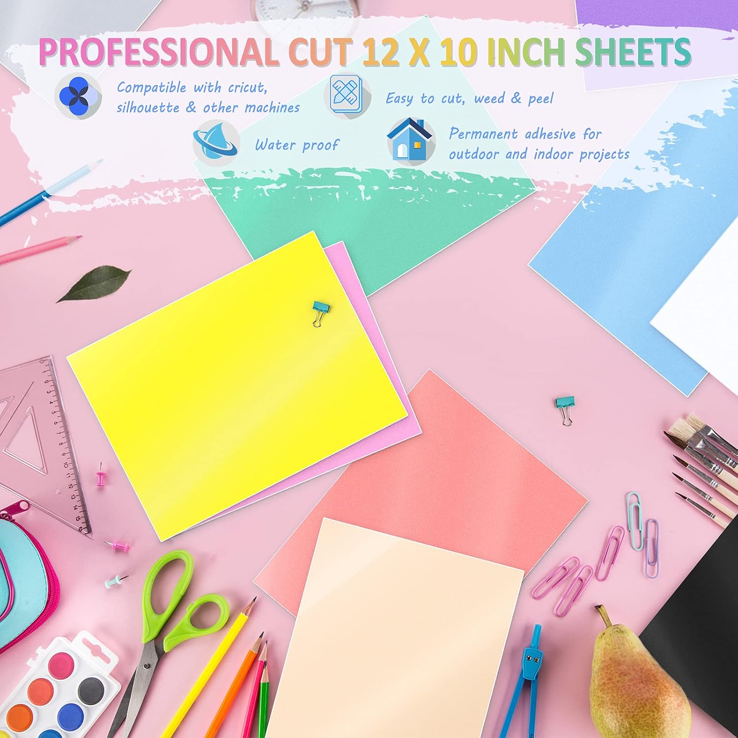 Permanent Adhesive Backed Vinyl Sheets Macaron Pastel Colors Set 12 Pack (12inx10in) Includes 2 Transfer Tape Sheets for Cricut, Craft Cutter, Party Decoration (Macaron)