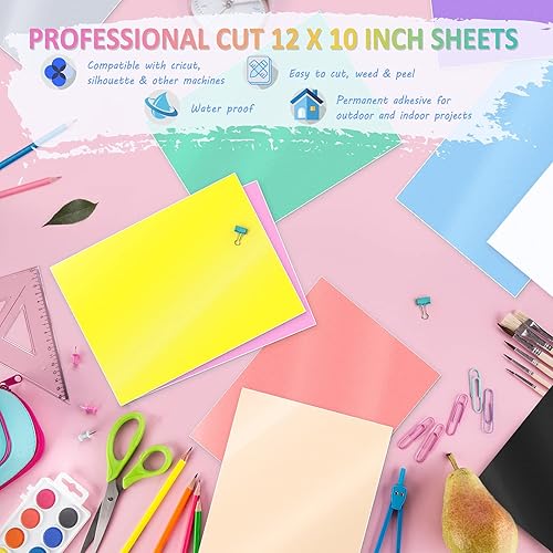 Miniatura 2 de Juego de 12 láminas de vinilo con reverso adhesivo permanente con purpurina arcoíris y macarrón, paquete de 12 unidades (12 x 10 pulgadas), incluye