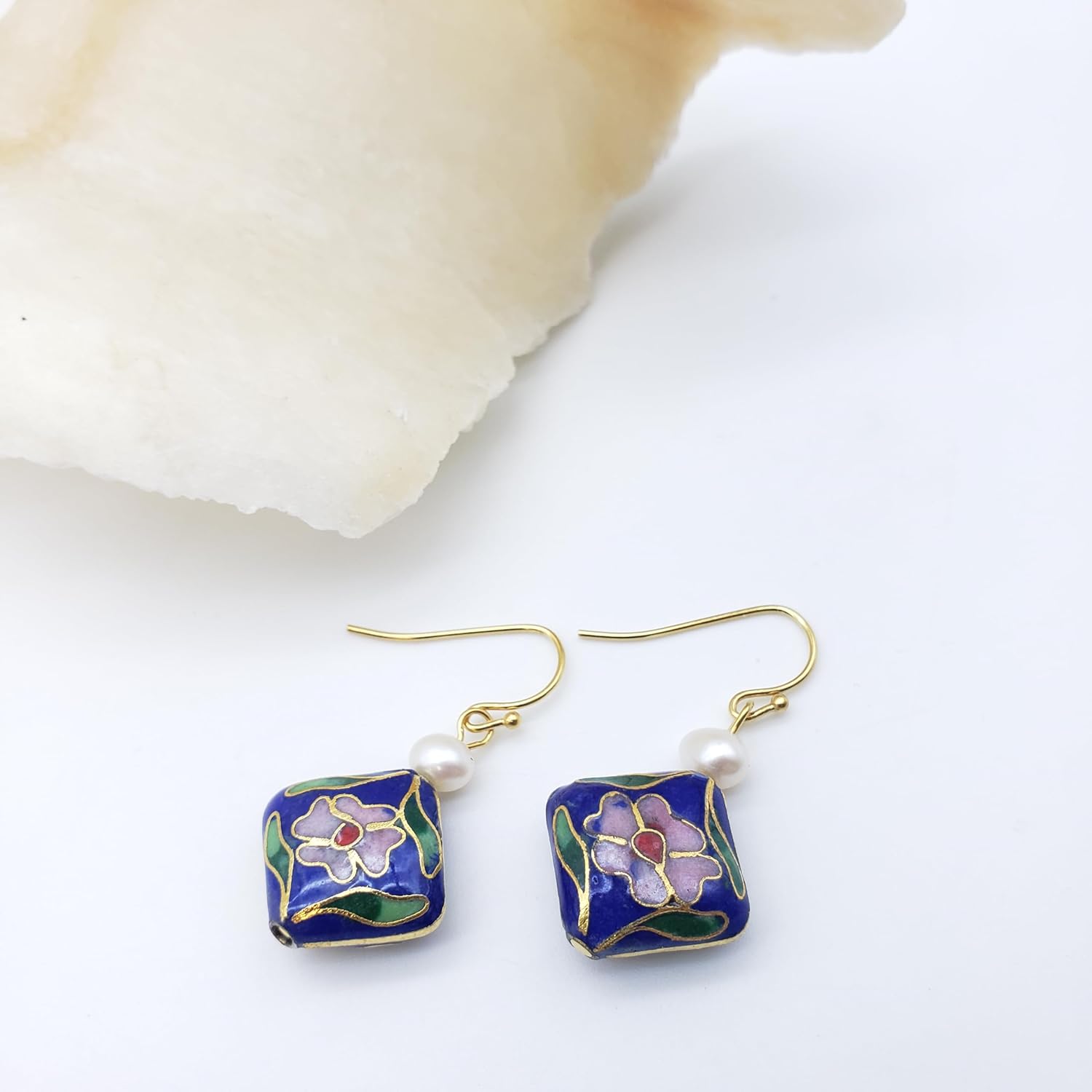 Asian Floral Earrings with Pearl - Cloisonne Bead - Deep Blue - Image 4