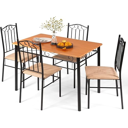 Giantex 5-Piece Dining Set, Modern Rectangular Dining Table & Upholstered Chair, Space-Saving Dinette Set for Dinner, Restaurant, Kitchen Dining Room Furniture for 4, Orange