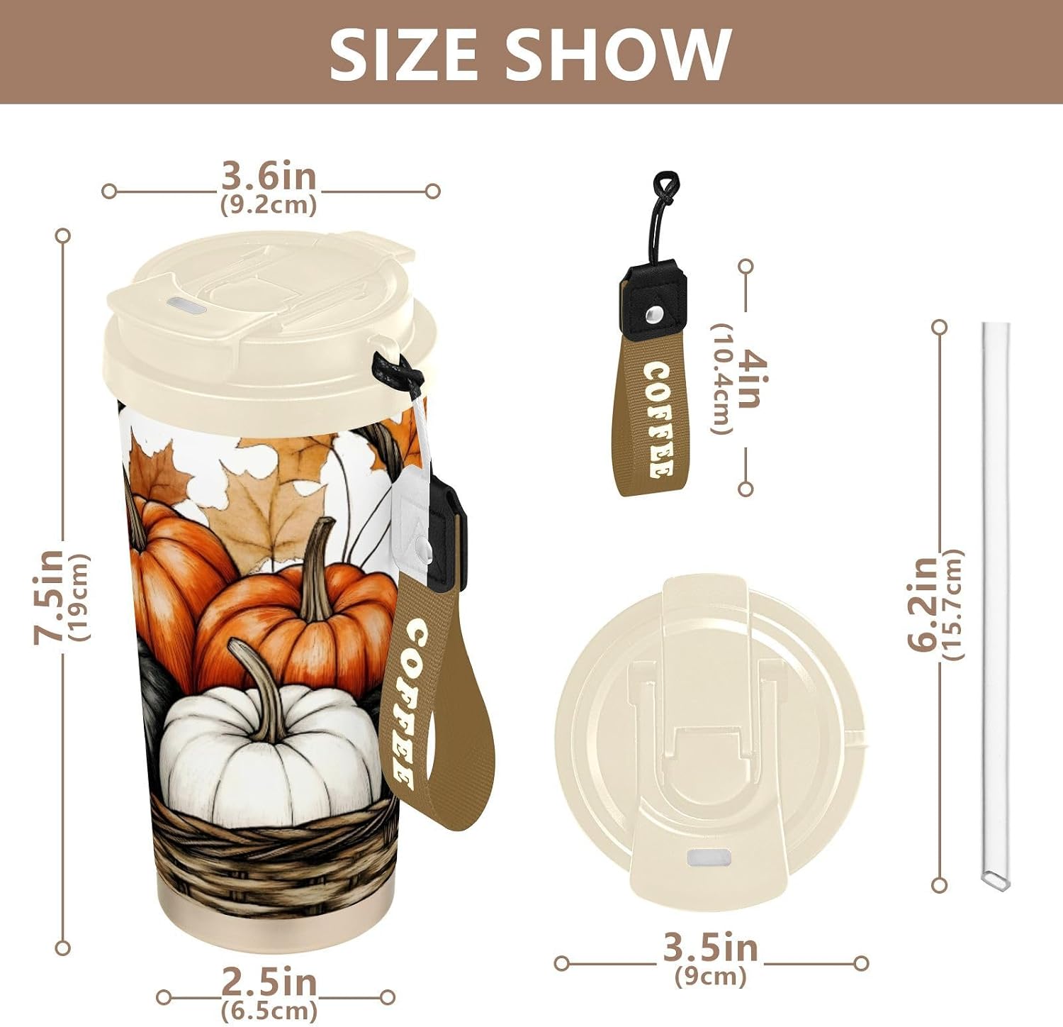 Harvest Pumpkins Autumn Insulated Coffee Mug with Straw & Flip Lid, 16.9oz Iced Tumbler Cup, Double Wall Vacuum Leak-Proof Mug for Travel Office