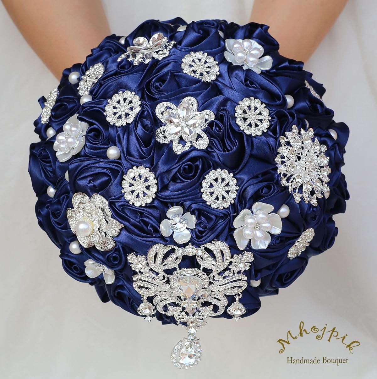 Bridal Wedding Bouquet Round Bling Brooch Bouquet Artificial Rose Flower Bunch for Bride Bridesmaid Wedding Quinceanera(Navy Blue, 7.5")