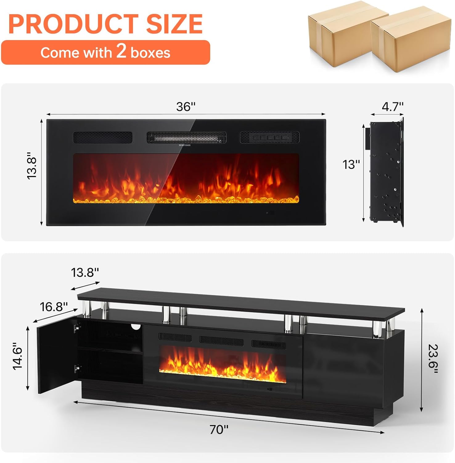 MXV 70" Fireplace TV Stand, Modern Entertainment Center & 36 Inch Electric Fireplace with Remote Control, LED Light, Fire Place Tv Stand for Living Room for TVs up to 80", Black + Black - Image 3