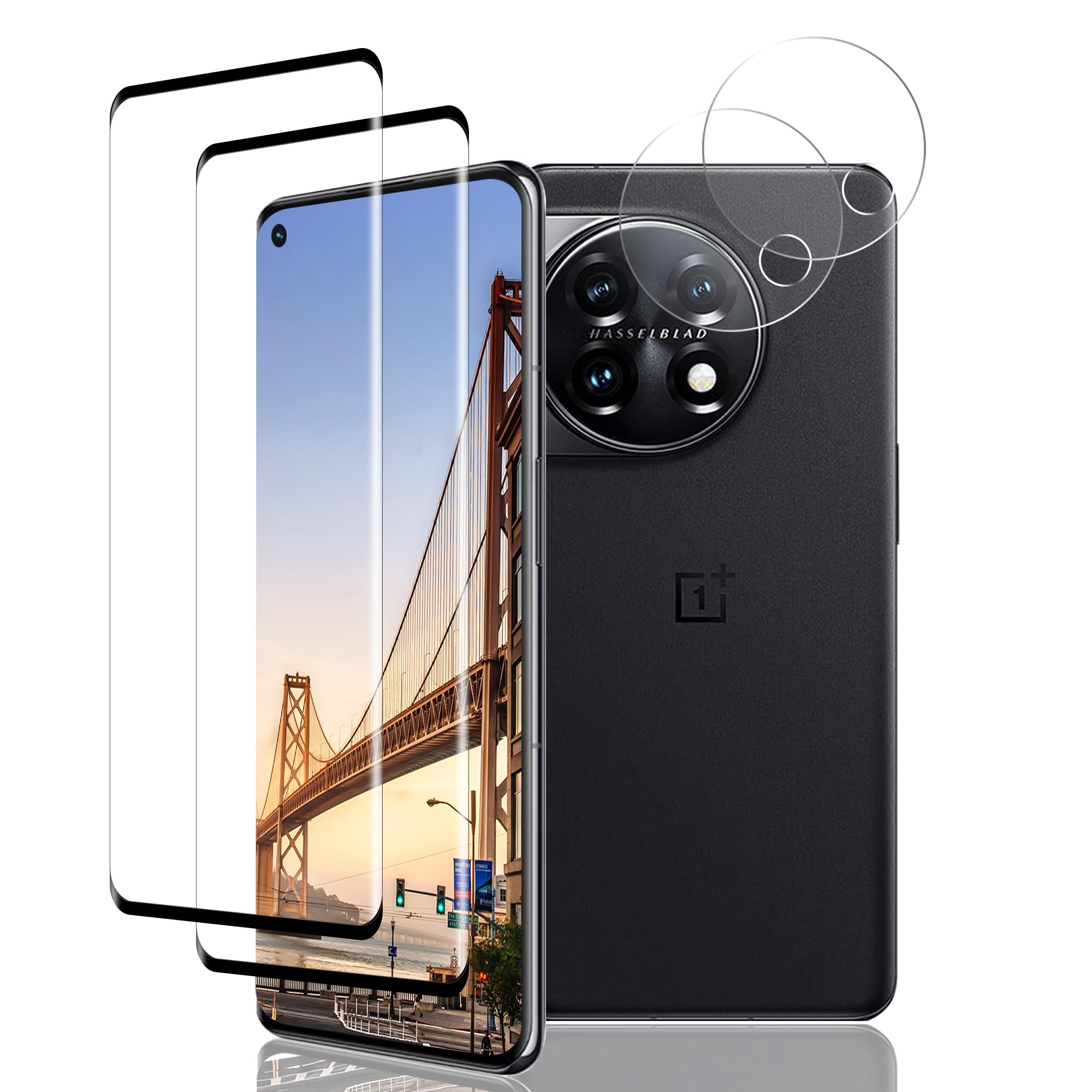 XDesign Screen Protector for OnePlus 11 Tempered Glass [3D Curved][Bubble Free][Anti-Scratch][Fingerprint Free][9H Hardness] 2 Pack Screen Protective Film + 2 Pack Camera Lens Protector