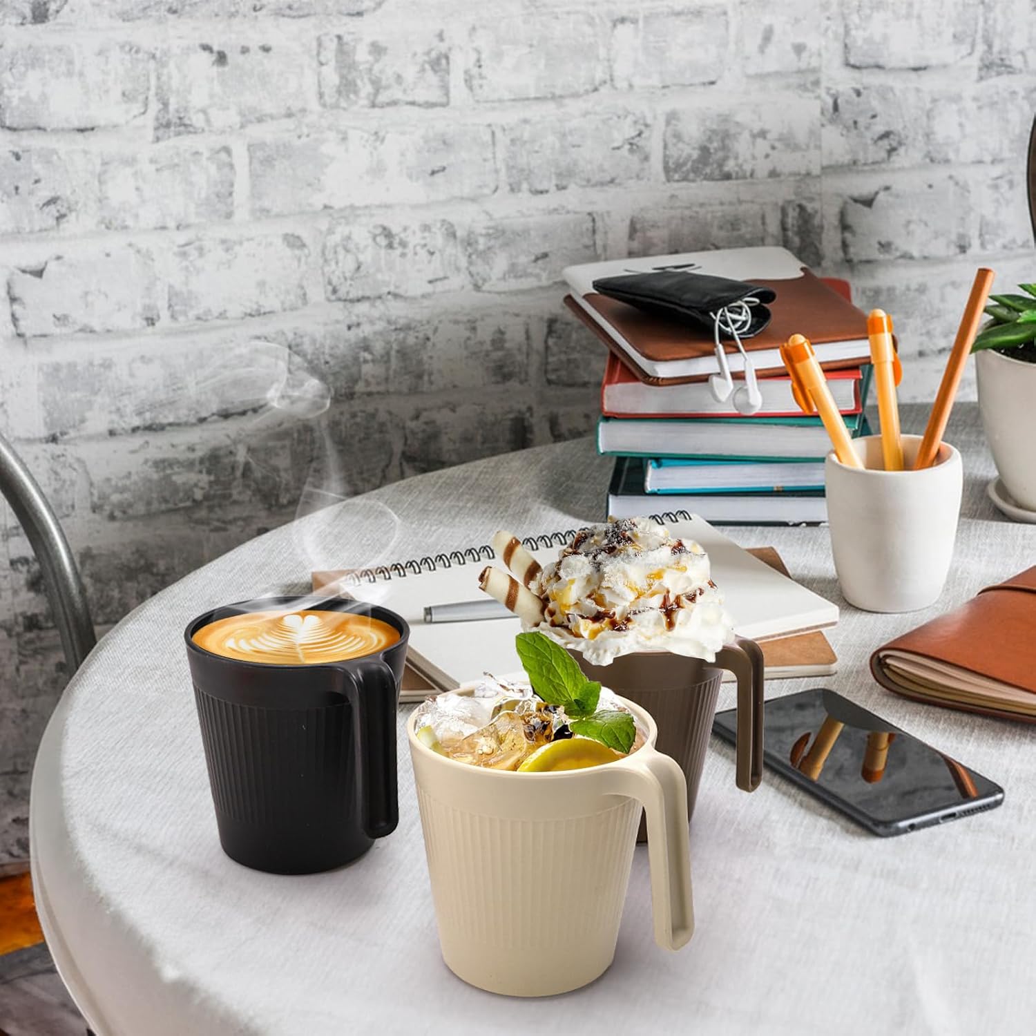 DEAYOU Set of 16 Wheat Straw Cups with Handles, 17 OZ Unbreakable Plastic Coffee Mugs Reusable, Lightweight Drinking Cups for Tea, Camping, RV, Dishwasher and Microwave Safe, BPA Free, Vibrant Color - Image 6