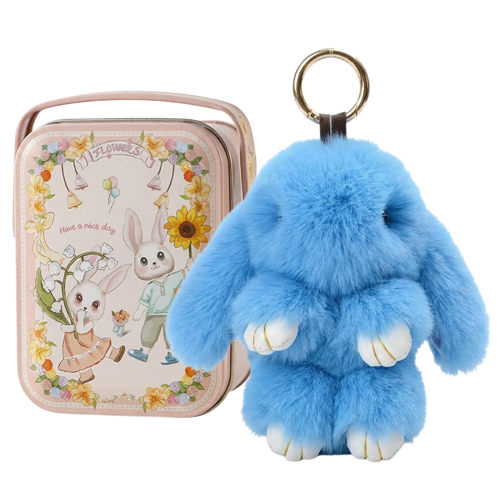 Getbstoop Women's Blue Fluffy Bunny Lulu Keychain, Handmade Soft Bunny Pompom Charms With Exquisite Box, Cute Rabbit Key Ring Charm For Handbag, Gift For Girls, Easter & Birthday