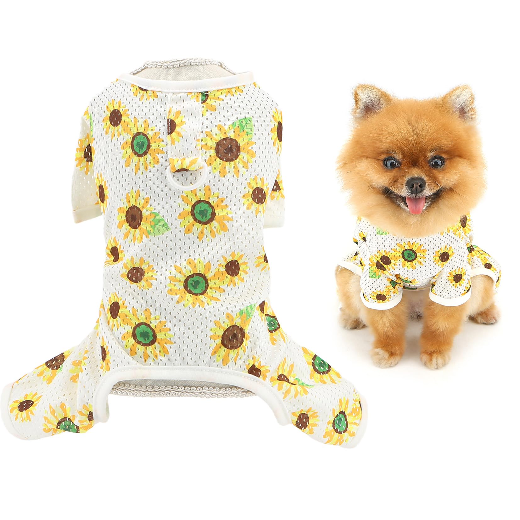 SMALLLEE_LUCKY_STORE Cool Mesh Dog Pajamas Summer Clothes for Small Dogs Pet Jumpsuit with D-ring Sunflower Printed Puppy Pjs Stretchable Breathable Pullover Chihuahua Yorkie Cat Apparel, White, XS