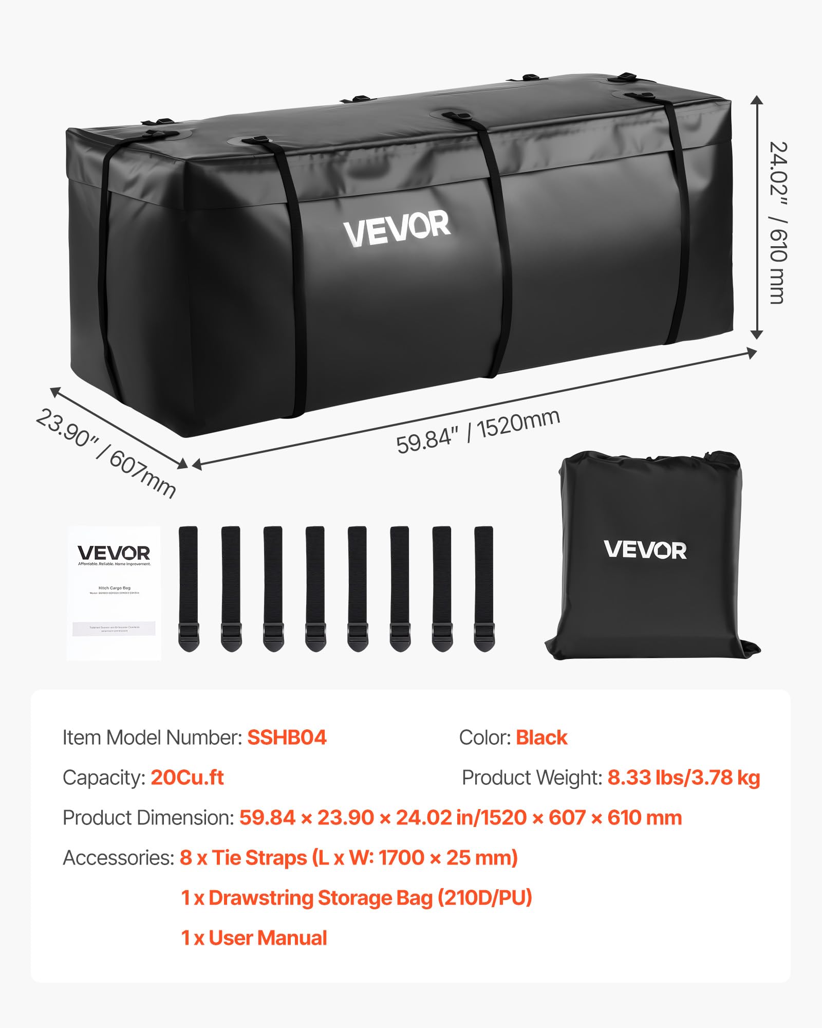 VEVOR Borsa da Trasporto per Gancio di Traino 1520 x 607 x 610 mm Borsa da Carico Resistente per Stoccaggio sul Cassone del Camion con 8 Cinghie Rinforzate, per Cestini da Gancio per Auto e Furgoni