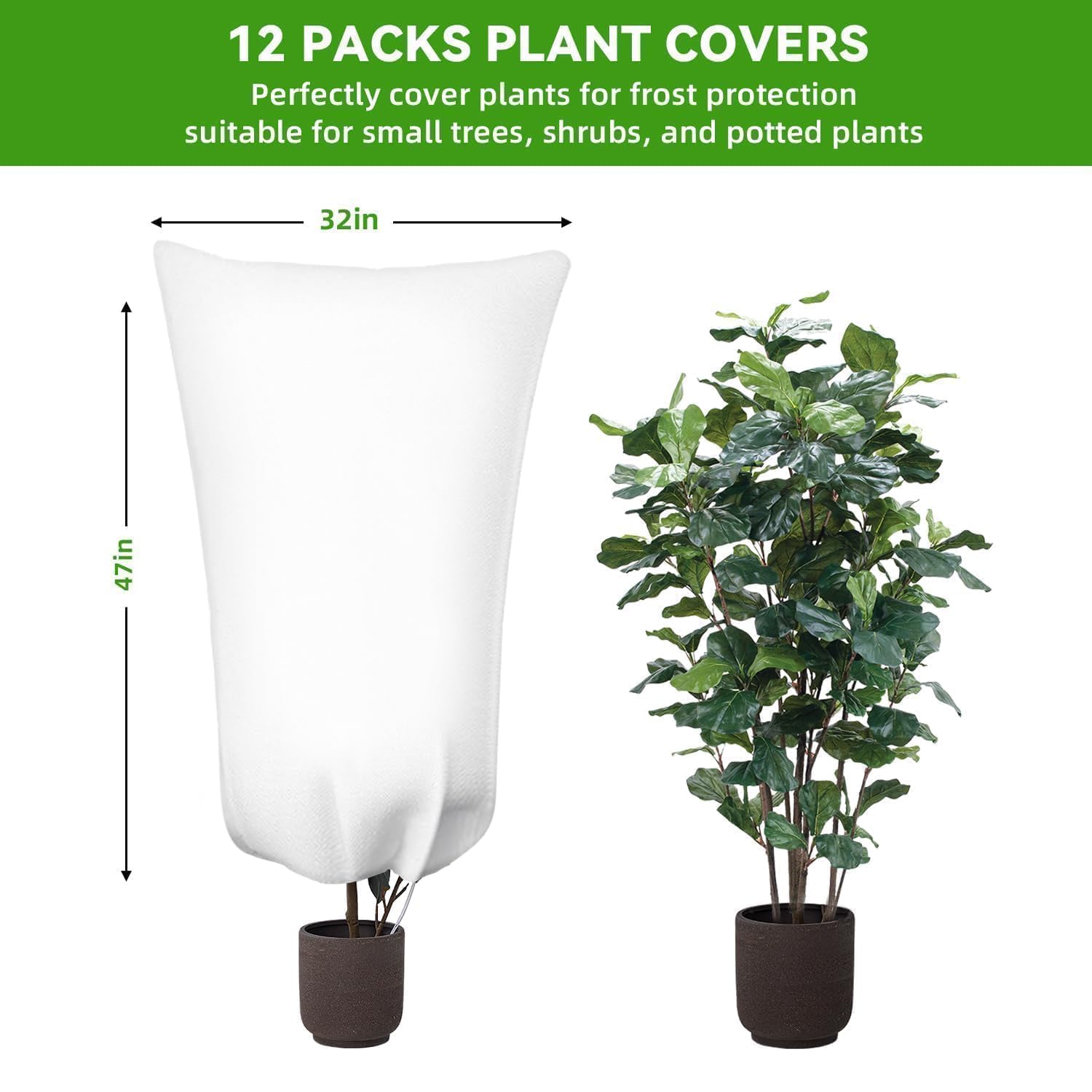 Sherika Paquete de 12 cubiertas para plantas de protección contra la congelación, paños de invierno para plantas al aire libre, mantas de heladas con cordón que protege las plantas de la congelación,