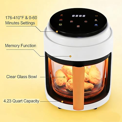 Miniatura 4 de PERFERATE Freidora de aire de vidrio de 4.23 cuartos de galón, freidora de aire de 1000 W con tazón visible de 360  Modos de cocción preestablecidos