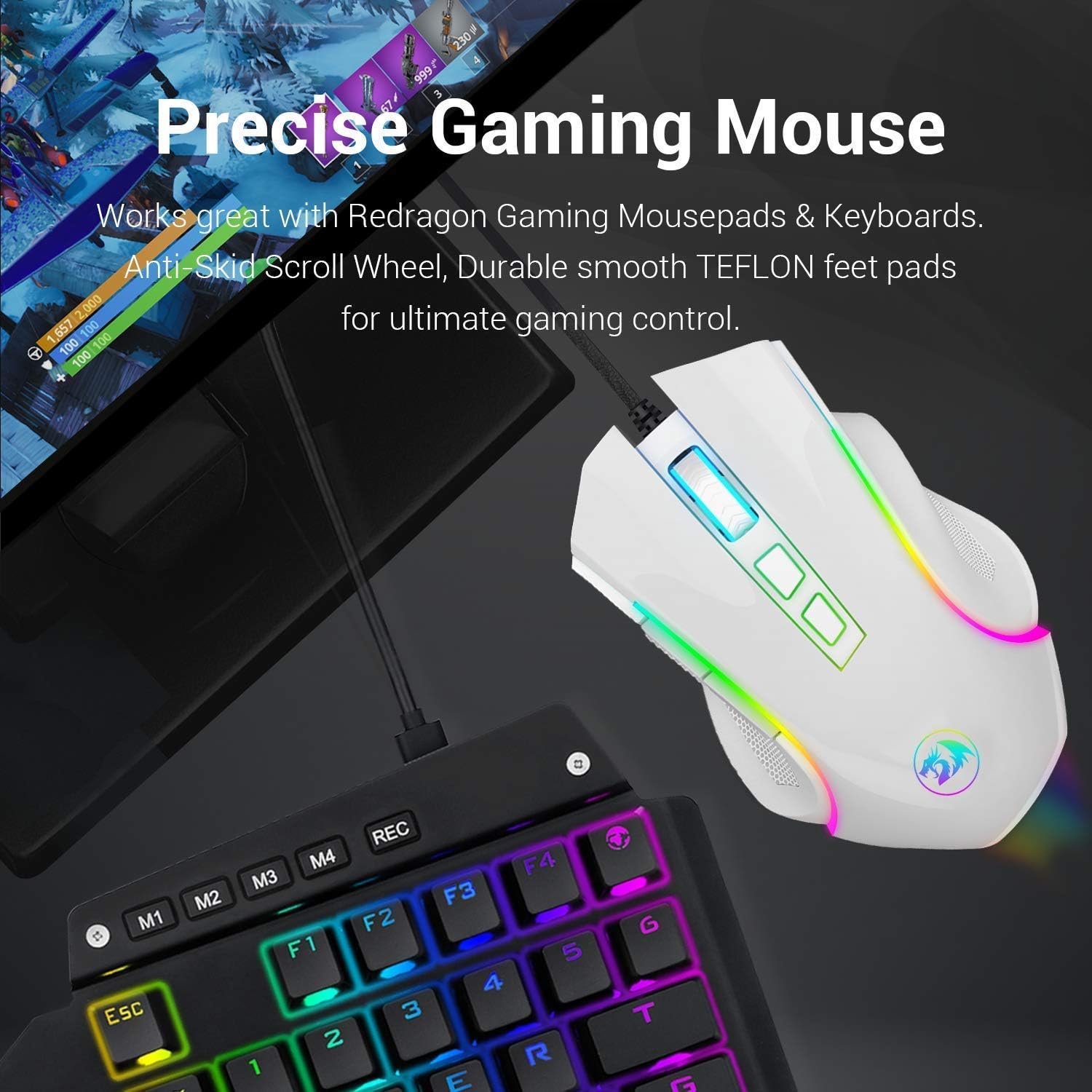 Redragon M602 Griffin RGB Gaming Mouse, RGB Spectrum Backlit Ergonomic Mouse with 7 Programmable Backlight Modes up to 7200 DPI for Windows PC Gamers (White, Wired)