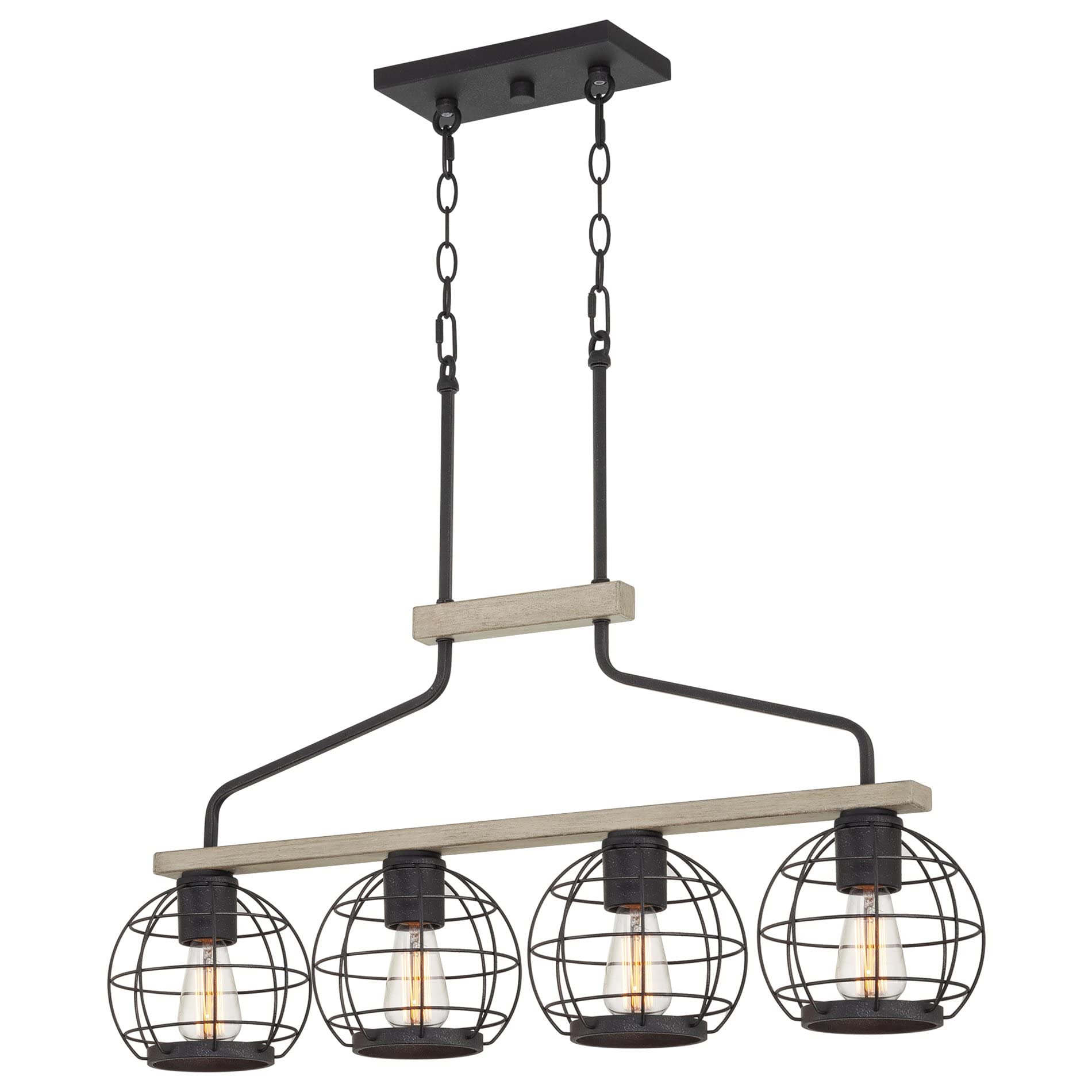 Kira HomeWellington 34" 4-Light Farmhouse Island Light + Round Cage Shades, Light Cedar Wood Style + Textured Black Finish