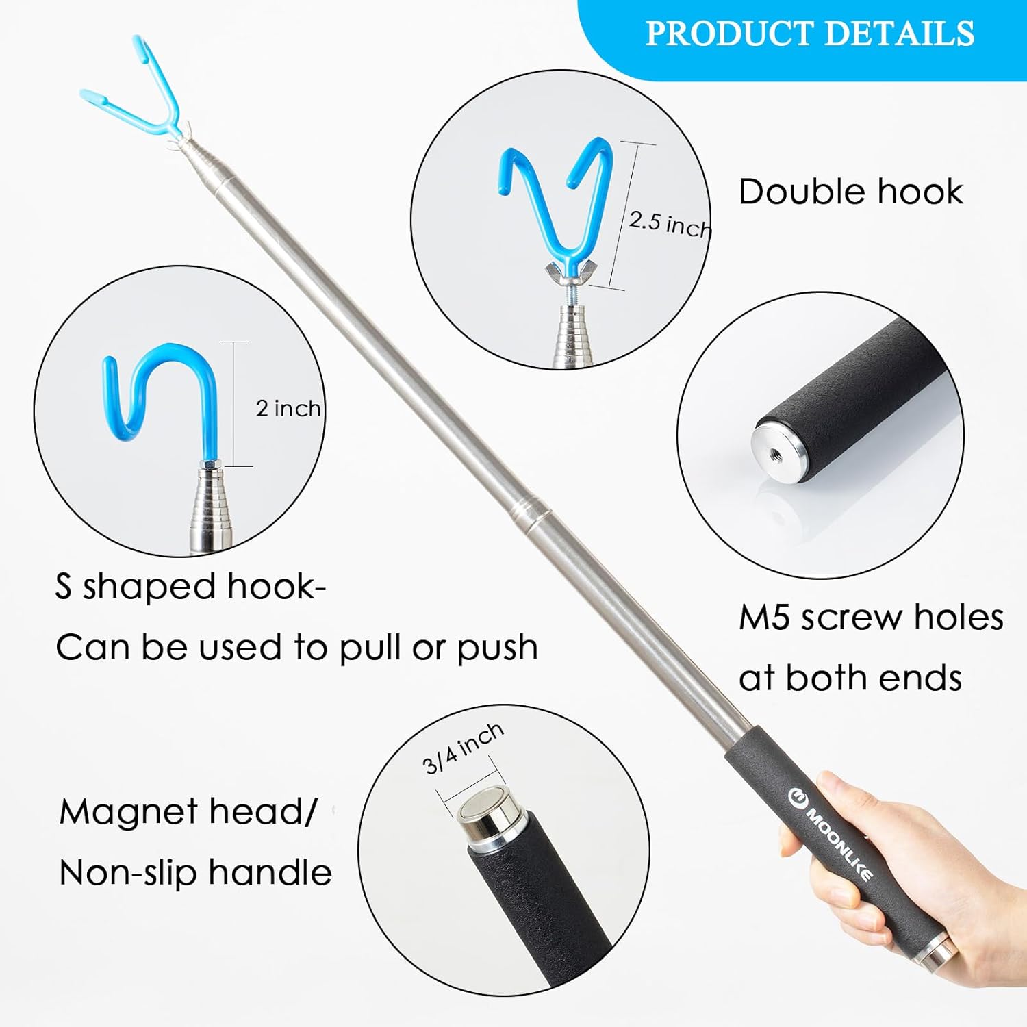 telescoping pickup grabber tool magnetic pole with 2 hook and a magnet, 10 ft telescopic hook pole wire reacher tool push pull rod, disc golf retriever pole, disc golf accessories