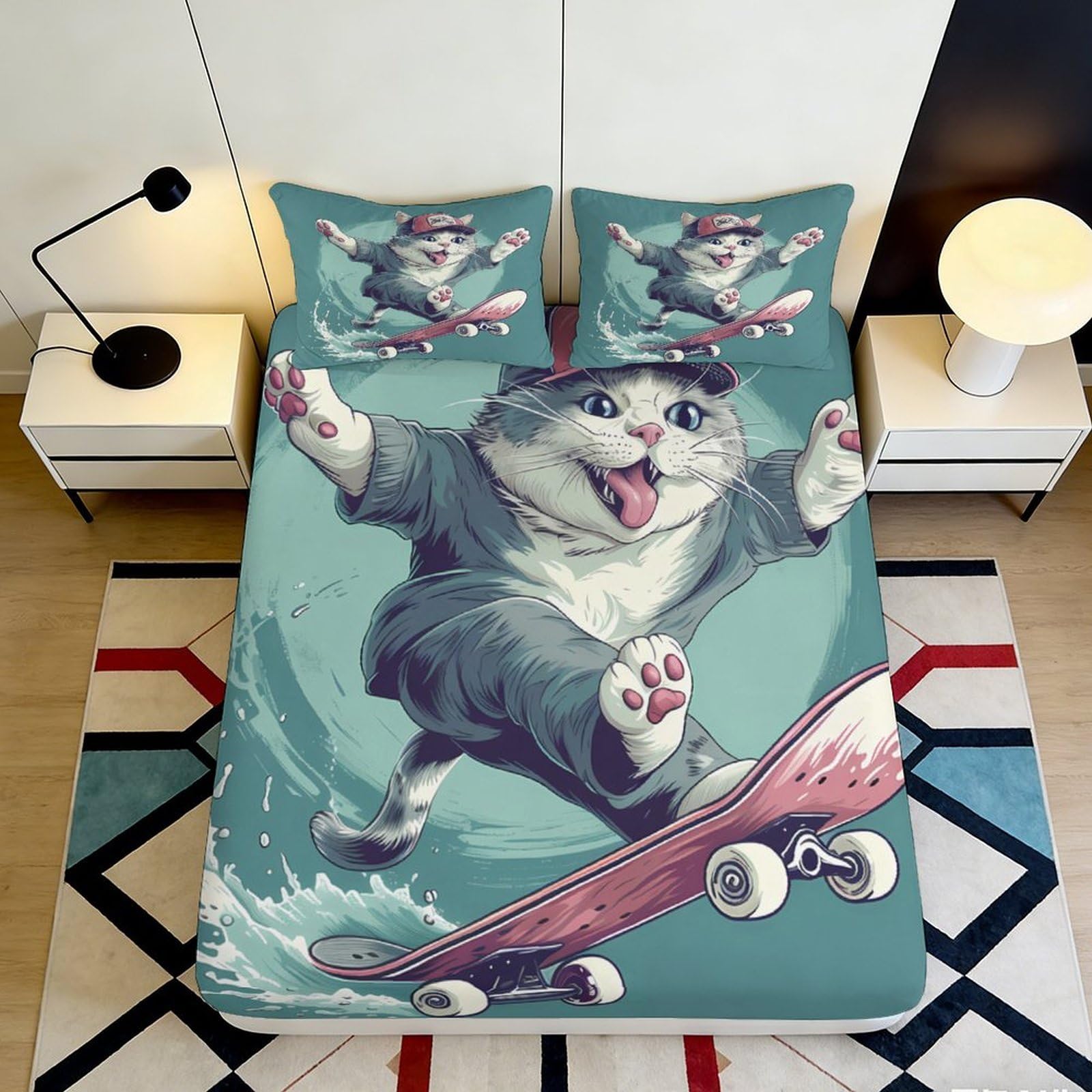 Uynsixtme Style-6 3D Printed Skateboarding Cat Fitted Sheet Microfiber Deep Pocket Non-Slip Skate Cat Mattress Fitted Cover For Bedroom 90X200x25cm