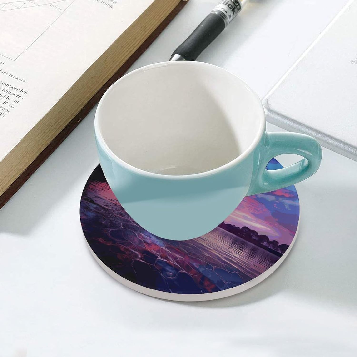 Purple Sunset on Water Coasters for Drinks Absorbing Round Ceramic Stone Coaster with Cork Base Coffee Cup Beverage Table Cup Mat Modern Style Bar Coaster Set for Home Decor