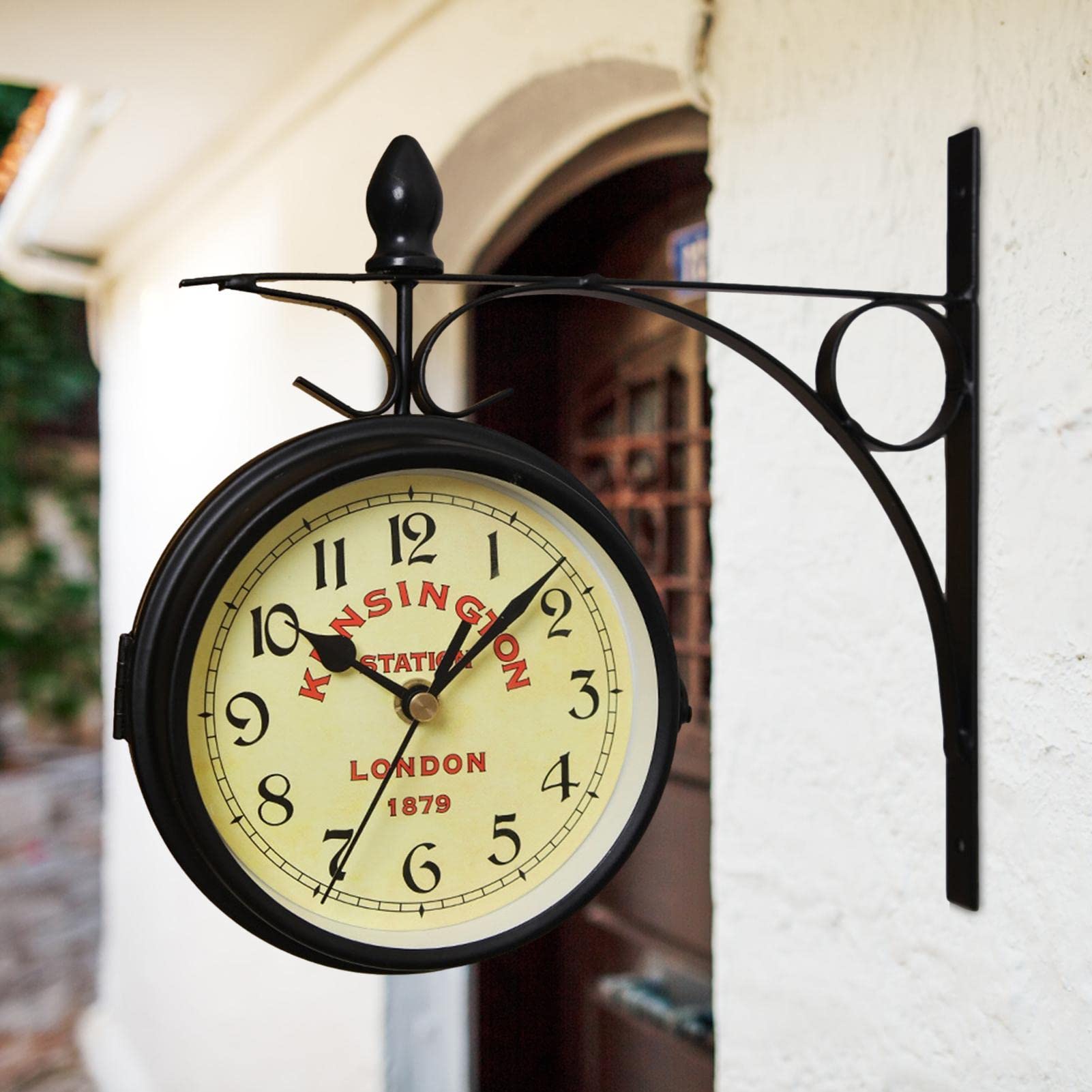 LAFANDE Double Sided Wall Clock | Wrought Iron Antique-Look Brown Round Wall Hanging Clock,Home Decorate, Mounted Clock for Indoor & Outdoor Garden