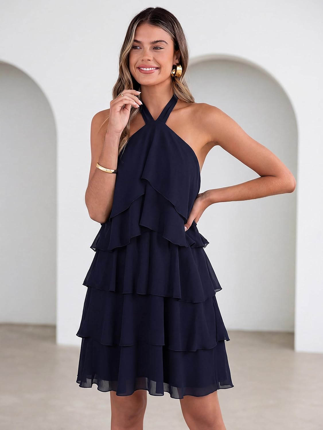 Simplee Womens Summer Floral Mini Dress Casual Sleeveless Halter Ruffle Tiered Chiffon Boho Beach Vacation Short Dresses - Image 2