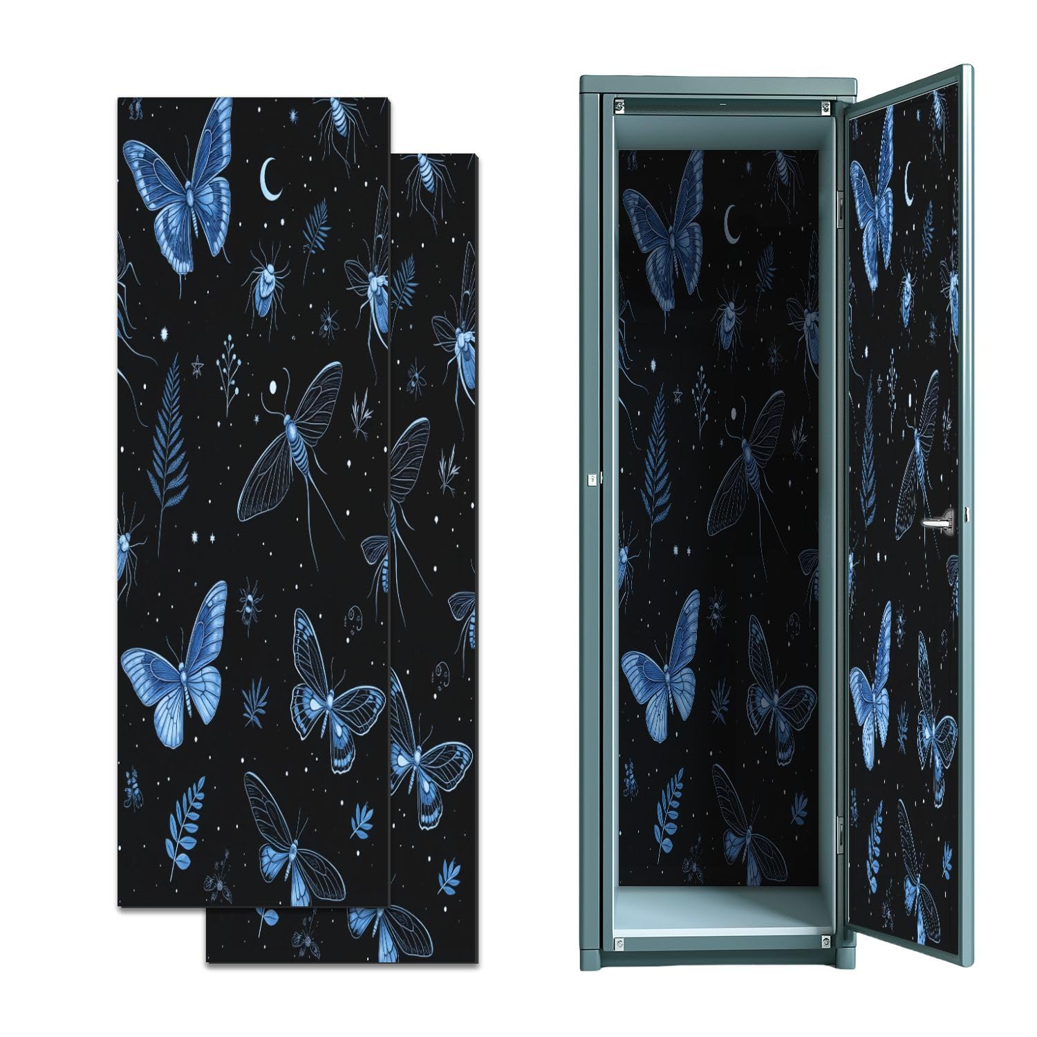 2 Pcs Locker Magnetic Wallpaper Blue Butterflies Moths Celestial Elements Dark 12" x 36" Wall Magnetic Sticker Removable Locker Accessories Decor Easy Install for Office School