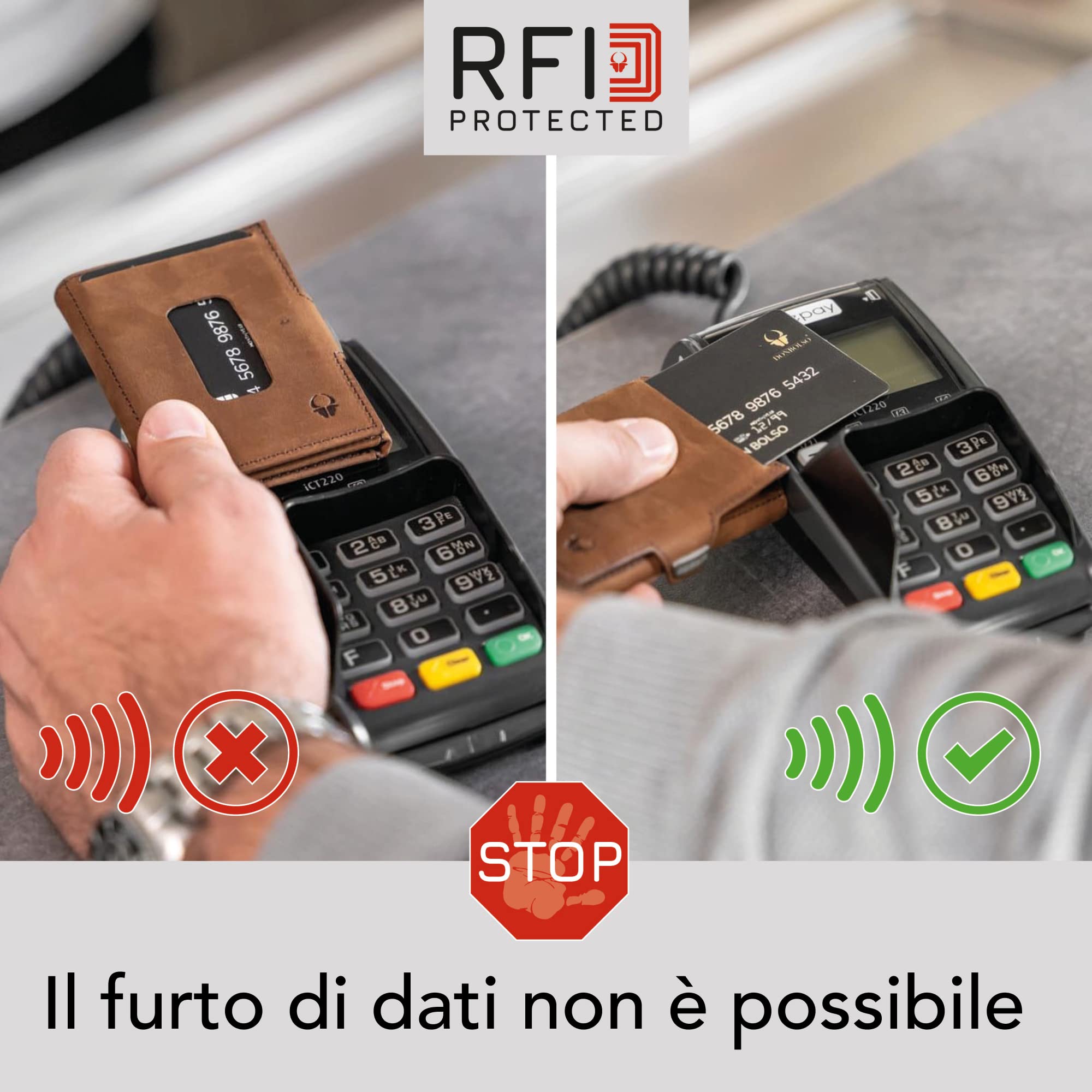 DONBOLSO Portafoglio XS | Portafoglio Uomo Slim senza Portamonete | Portafoglio Slim Uomo con Protezione RFID | Slim Portafoglio da Uomo e Donna | Vintage Marrone