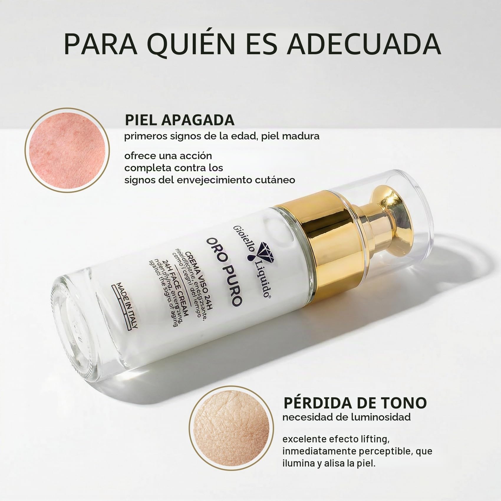 Crema facial para piel madura efecto de elevación immedio - con oro coloidal, ácido hialurónico antienvejecimiento, betaine y damasco agua rosa 30 ml fabricado en Italia