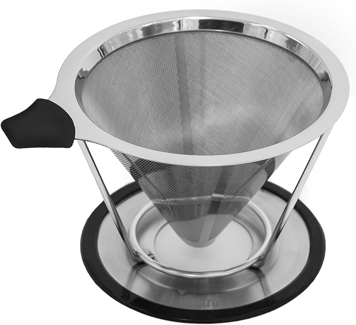 Cucina Tools ilFiltro Paperless Pour Over Coffee Dripper - Premium Permanent Reusable and Washable Stainless Steel Coffee Filter Cone and Brewer with Pour Over Cup Stand (4cup)