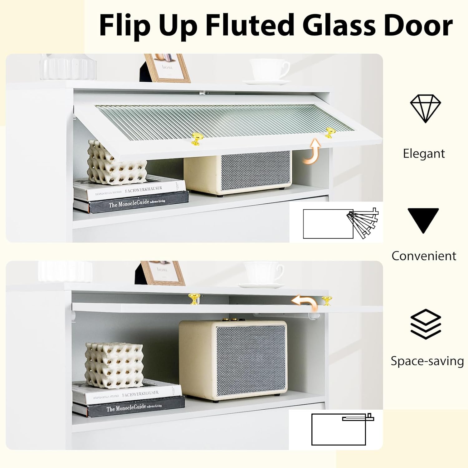 Demonstration of the flip-up fluted glass door mechanism