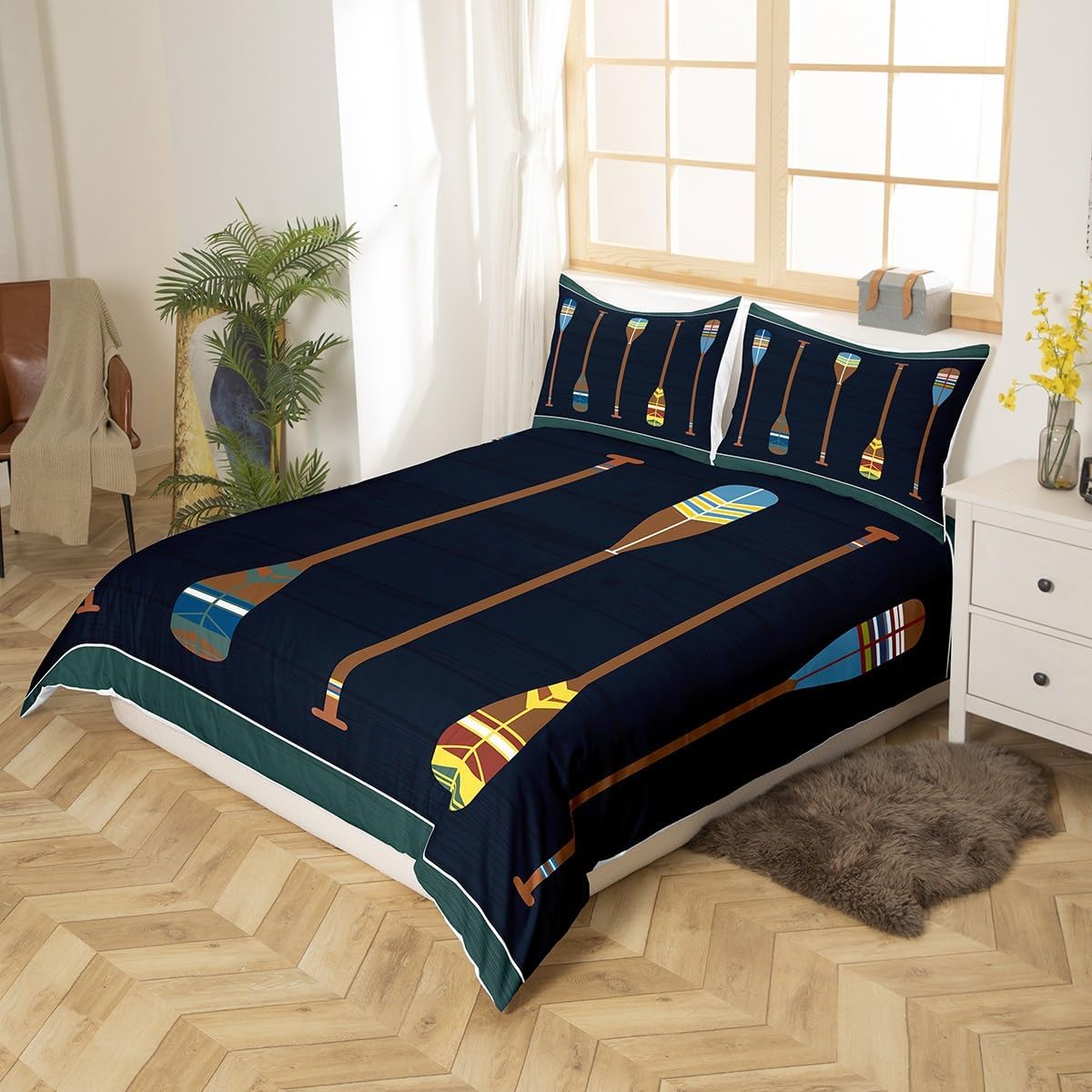 Lake Paddles Duvet Cover Queen Size,Lake Theme Comforter Cover with 2 Pillowcase for Teens,Kids Rustic Farmhouse Bedding Set,Vintage Wood Pattern Breathable 3 Pcs Decorative Bed Cover(No Comforter)
