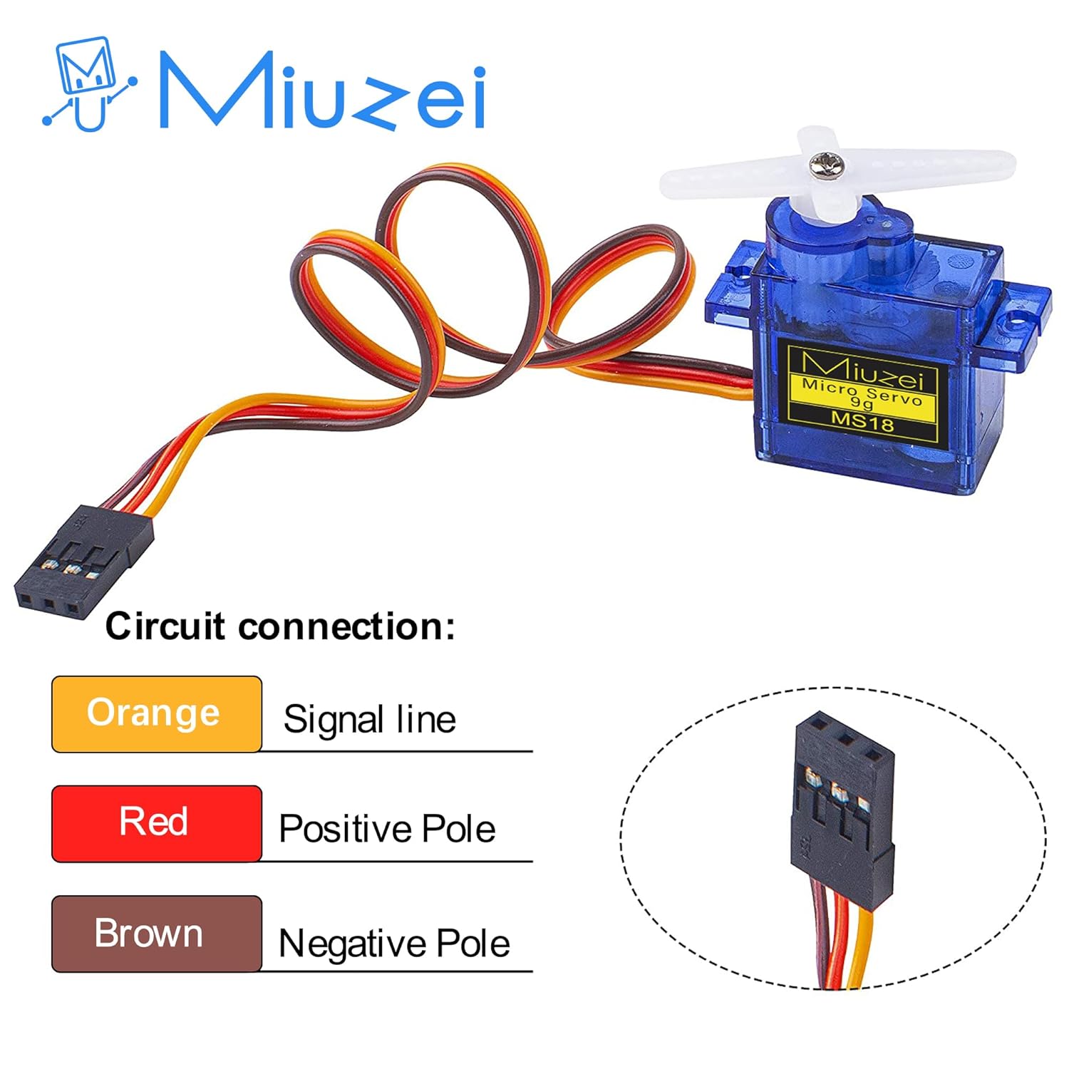 Wiring diagram for Miuzei 9G Micro Servo Motor MS18 showing orange for signal, red for positive, and brown for negative