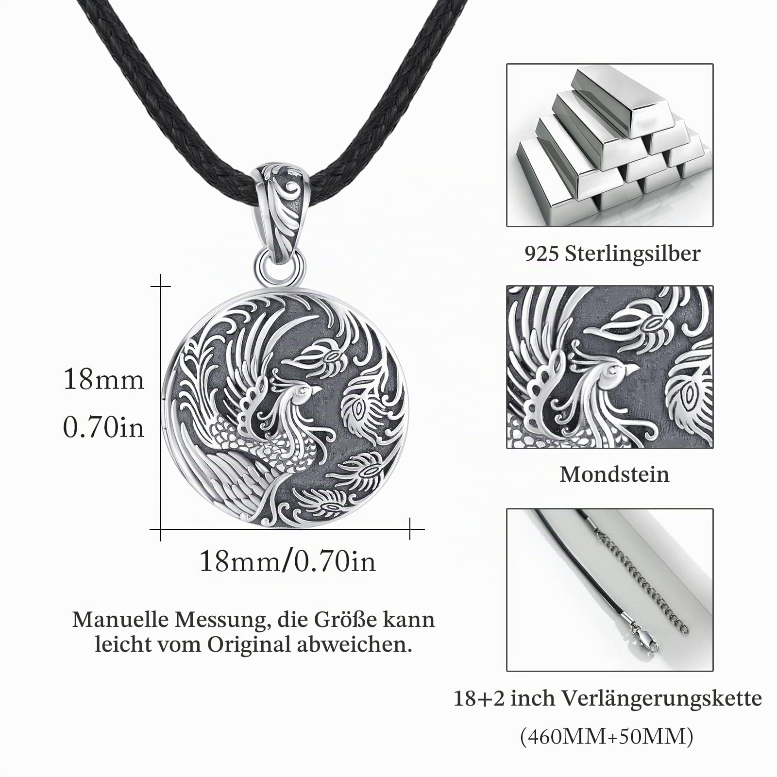 REDSUN Phönix Kette Medaillon Amulett mit Foto 925 Sterling Silber Schmuck für Herren, Damen und Geschenke