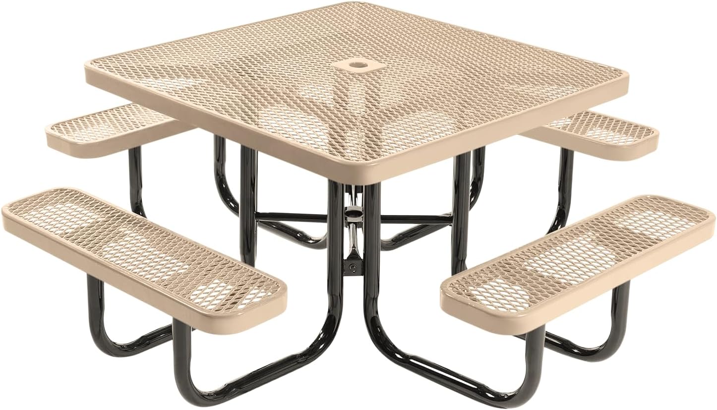 - COATEDOUTDOORFURNITURE Heavy-Duty Portable Outdoor Picnic Table with Umbrella Hole, Expanded Metal Commercial-Grade Patio Dining Furniture Made in America (46" Square Top, Tan)