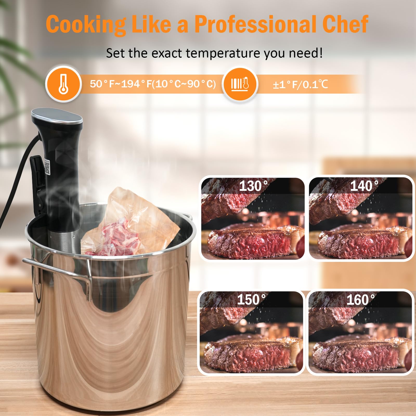 Cocina Sous Vide, máquina Sous Vide de 1100 W, circulador de inmersión, calentamiento rápido ultra silencioso con visualización táctil control preciso de temperatura y tiempo, IPX7 impermeable (Sous
