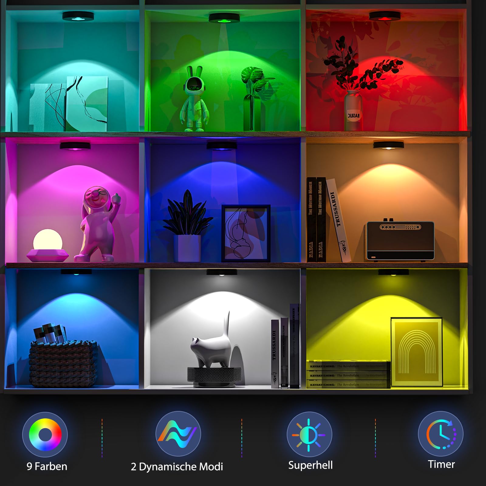 Schrankbeleuchtung USB Aufladbare RGB Katzenaugen LED Spot Akku mit Fernbedienung - 9 Farben, Dimmbar, Magnetisch, Timer, LED Unterbauleuchte Vitrinenbeleuchtung Regal Beleuchtung (6er Pack)