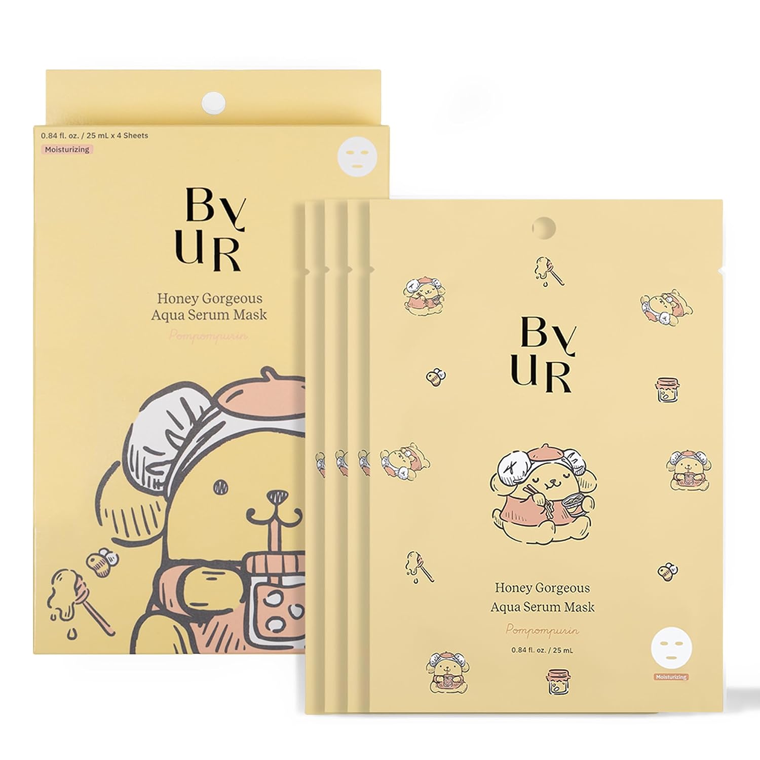 ByUR Honey Gorgeous Sanrio Character Daily Aqua Serum Mask (4 Sheets) Hydrating Moisturizing Face Pore Treatment K-Beauty Skincare Honey Extract for Dry Skin Vegan - Pompompurin K-Spa