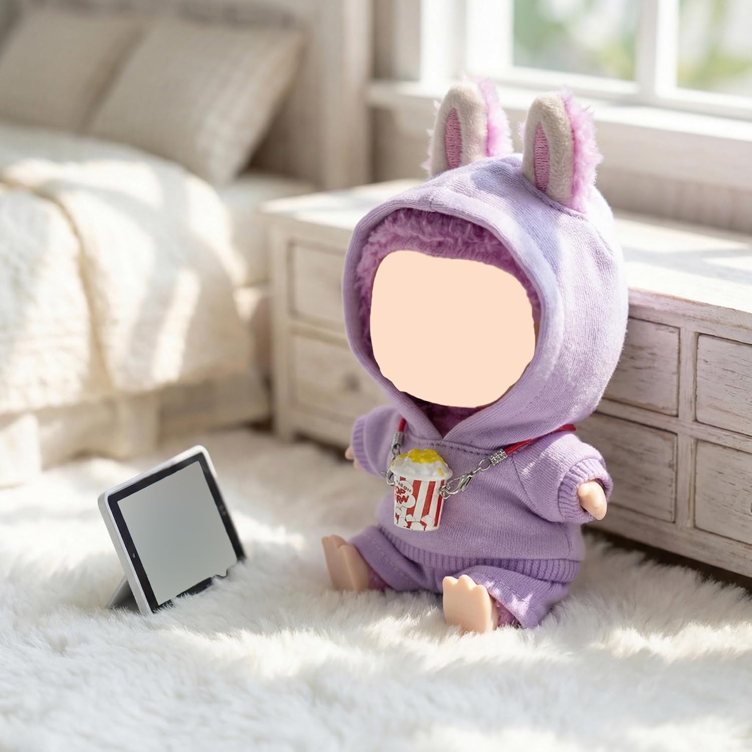 17cm Doll Clothes Sets(No Doll) Purple Hoodie 'I Like Popcorn' Outfits Handcrafted Designer Clothing for Easter Including Hoodie,Trousers and Popcorn Decoration