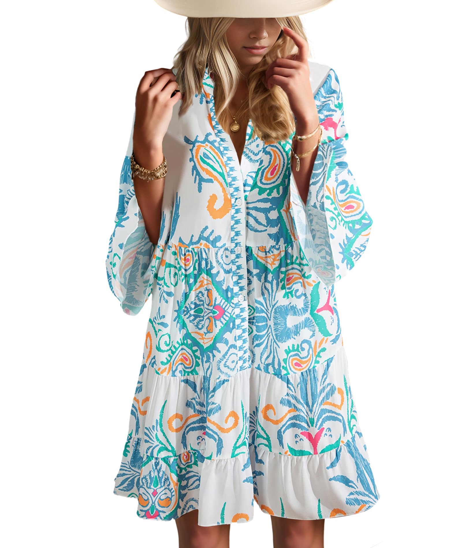 Opemiby Womens Summer Dresses 2026 Flowy Babydoll Boho Beach Mini Dress