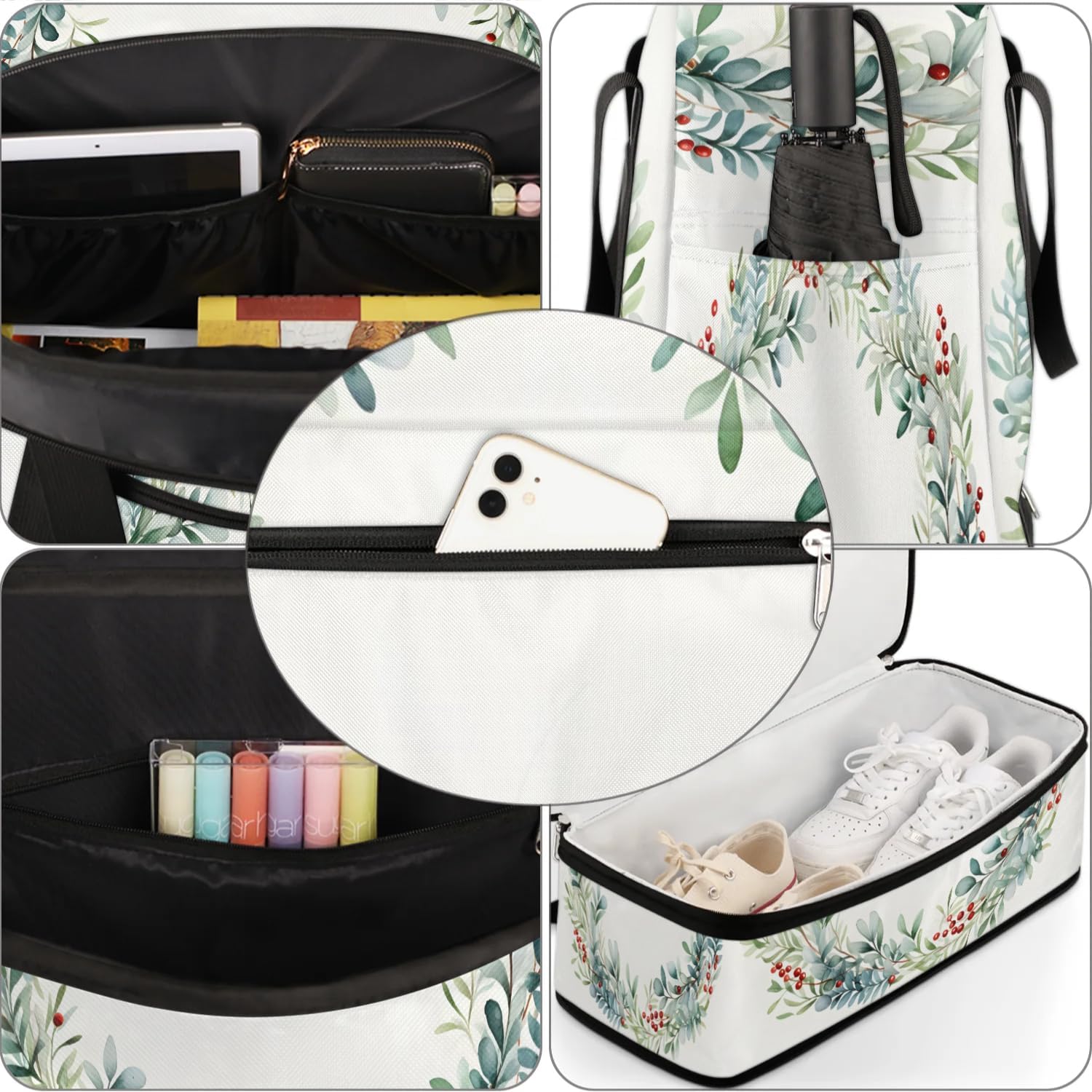 Sports Duffel Bag, Foldable Botanical Garland Travel Duffel Bag, Gym Yoga Beach Bag Weekender Overnight Bag with Shoes Compartment for Men Women, Berries