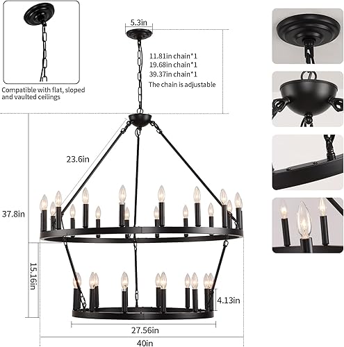 Miniatura 3 de EGM Candelabro de rueda de carro de 2 niveles, 30 luces, 40 pulgadas, extra grande, de níquel, redonda, rústica, para techos altos (2 niveles)