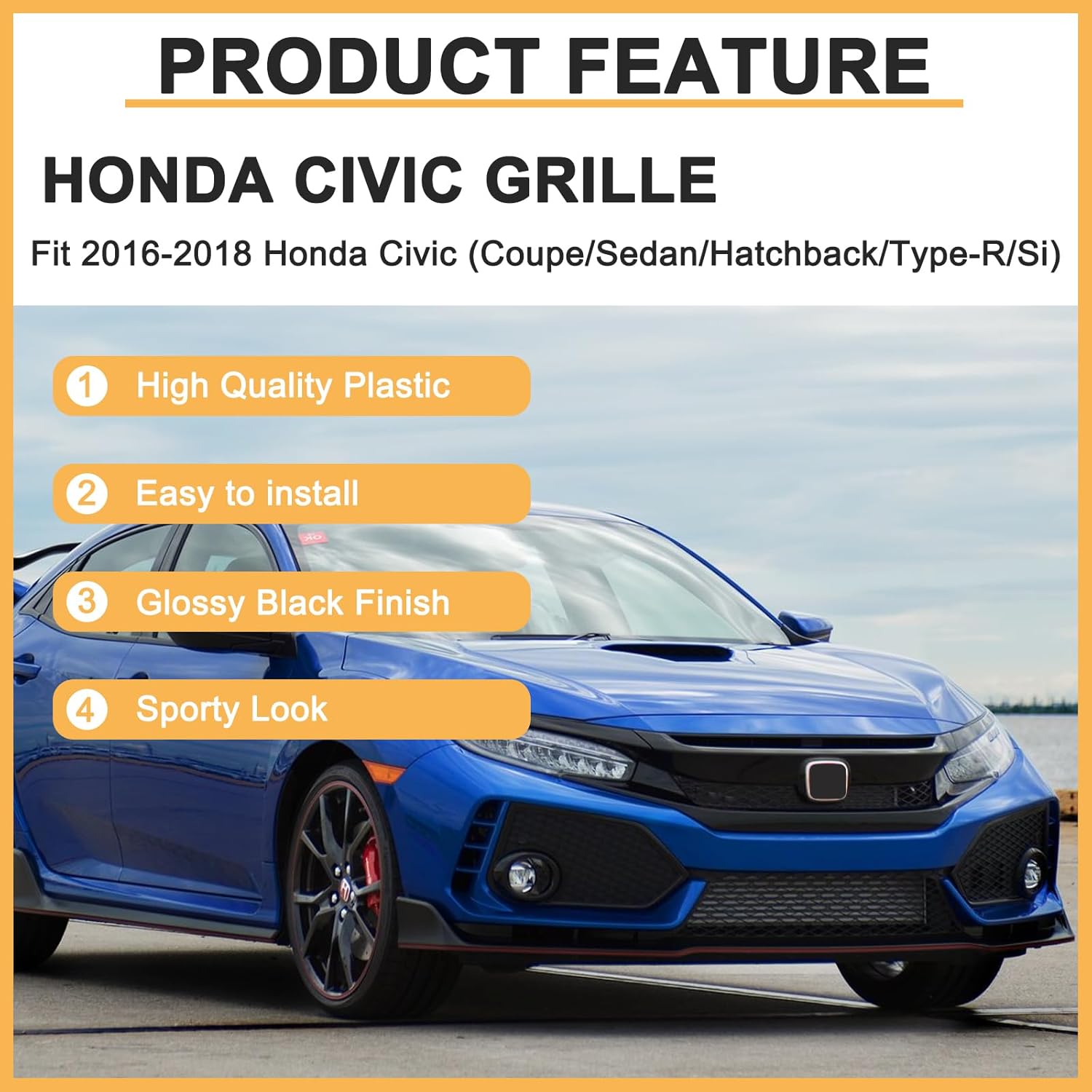 TYPE-R Style Front Hood Mesh Grill Grille Compatible For Honda Civic Glossy Black Front Grille 2016 2017 2018