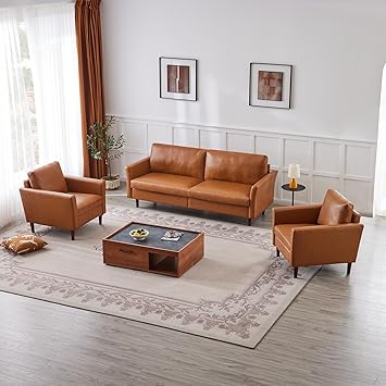 Kingfun Living Room Furniture Sets, 3 Seater sof and Armcahir, Mid Century Modern Sofa Set, Faux Leather Couch with Solid Wood Frame for Living Room & Bedroom, Mid Brown