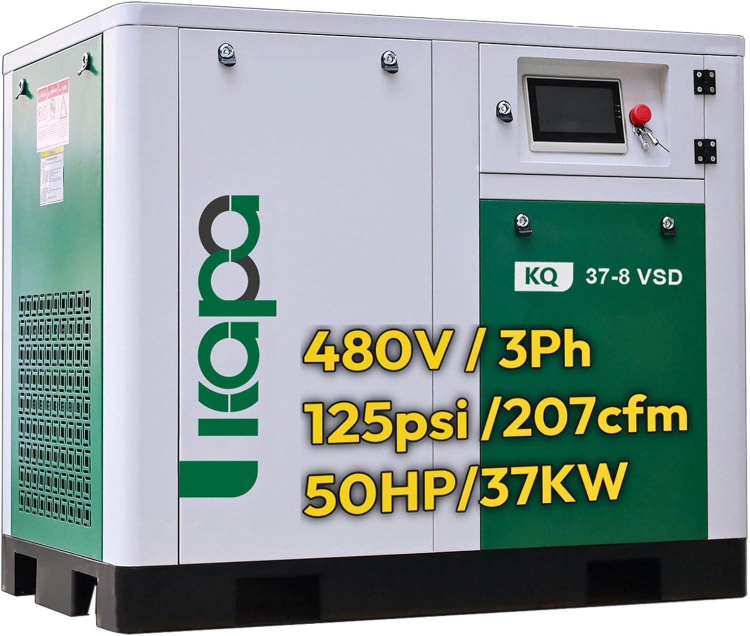 KAPA 460V 3-Phase Heavy Duty Rotary Screw Air Compressor 50HP / 37KW - 207CFM@125PSI Base Mount Commercial Air Compressed System Stationary Compressor Built-in Air Oil Separator KQ37-8