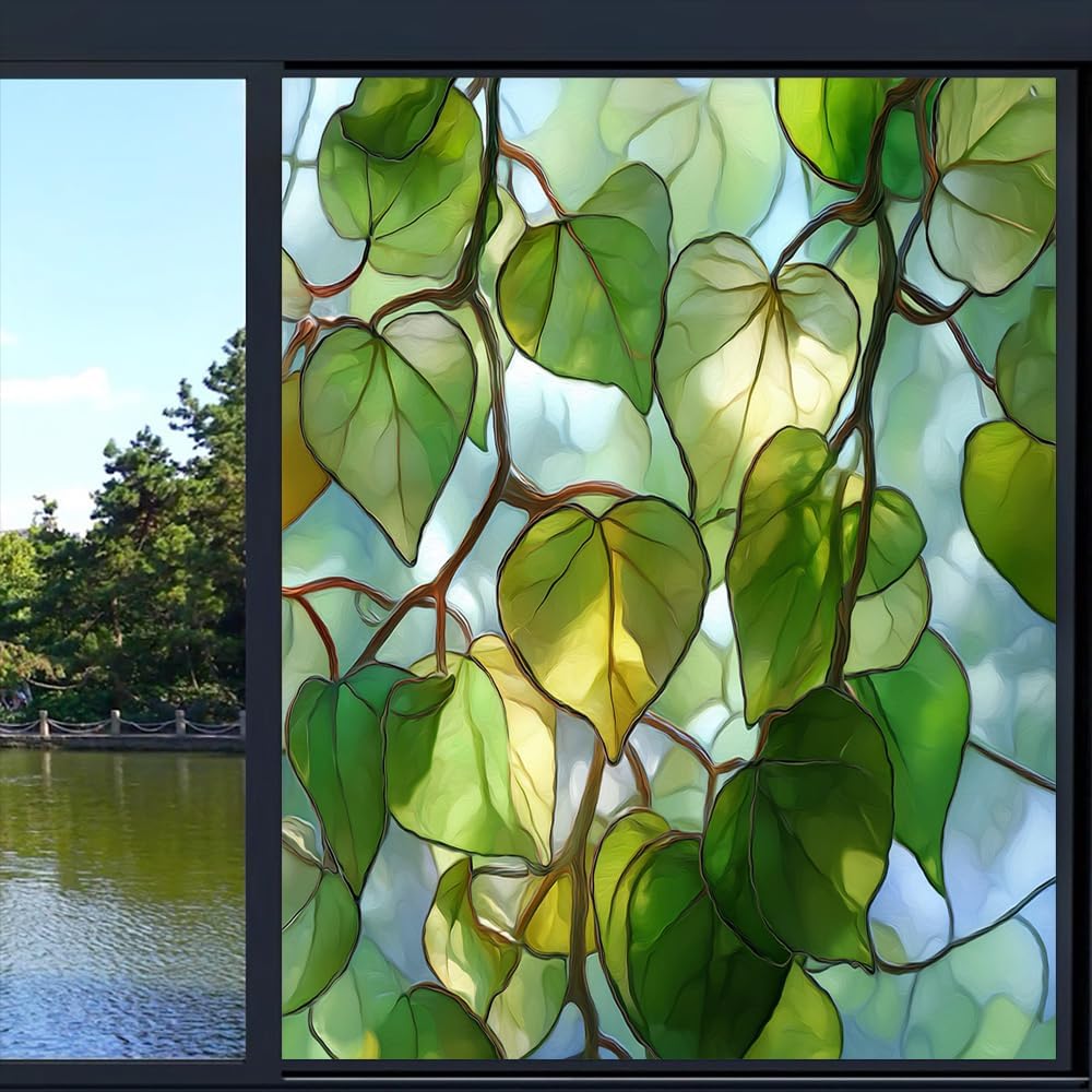 Modern Leaves Stained Glass Window Film, Rustic Heart Plants Peel and Stick Privacy Film, Frosted Adhesive Vinyl Decorative for Bathroom Windows Glass Doors, 21.6Wx31.5L inch