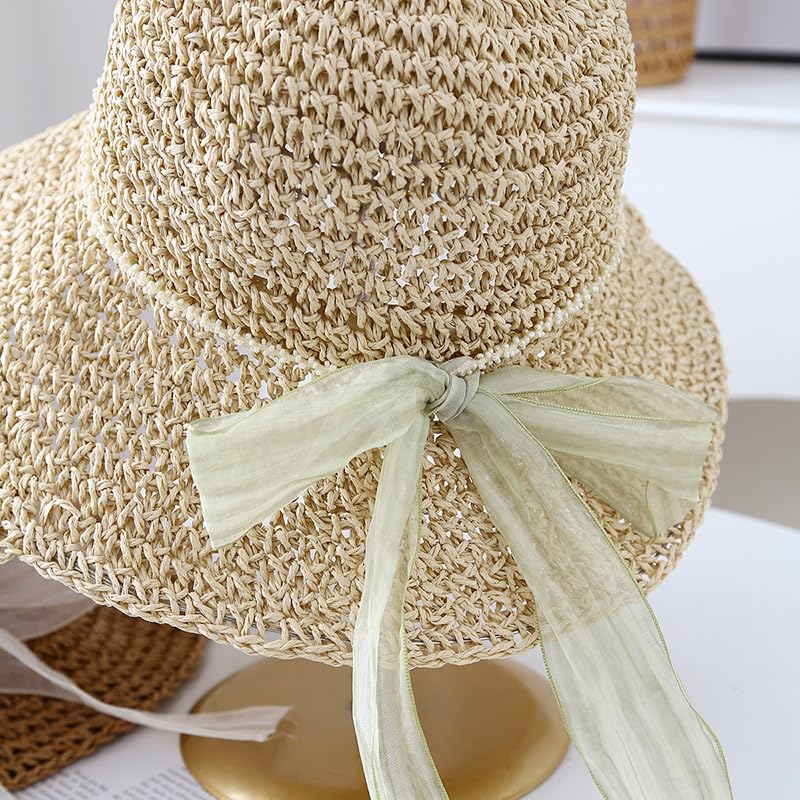 Sombrero de Paja Flexible de Verano para Mujer,de ala Ancha,Plegable,con Lazo de Tul,para Playa,Actividades Al Aire Libre