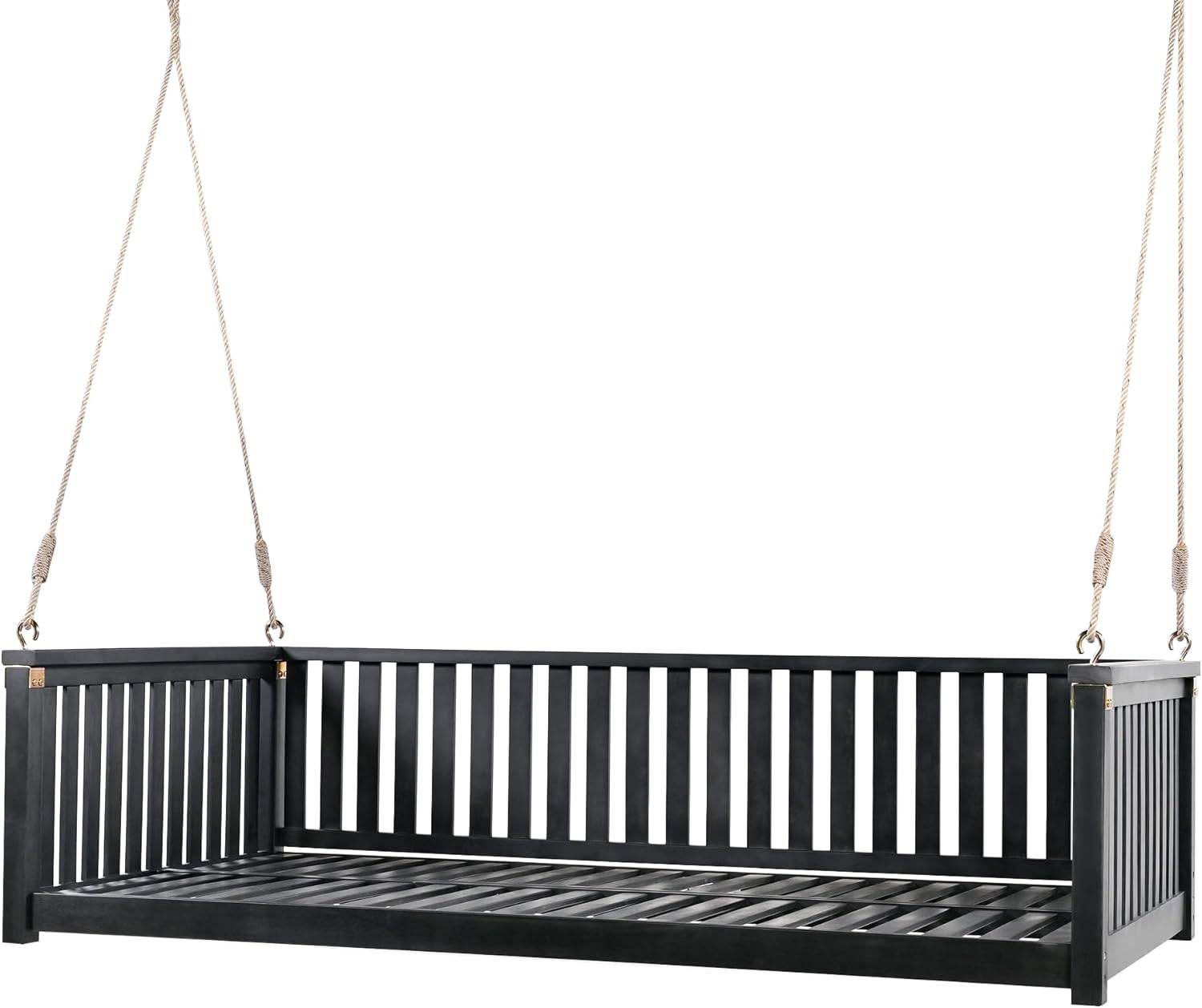 Patio Minimalist Acacia Wood Porch Swing with Hemp Rope, Twin Size Garden Swing Bed 2 Person Seating Group for Backyard Poolside, Safe Sloped Design (Black-GS)