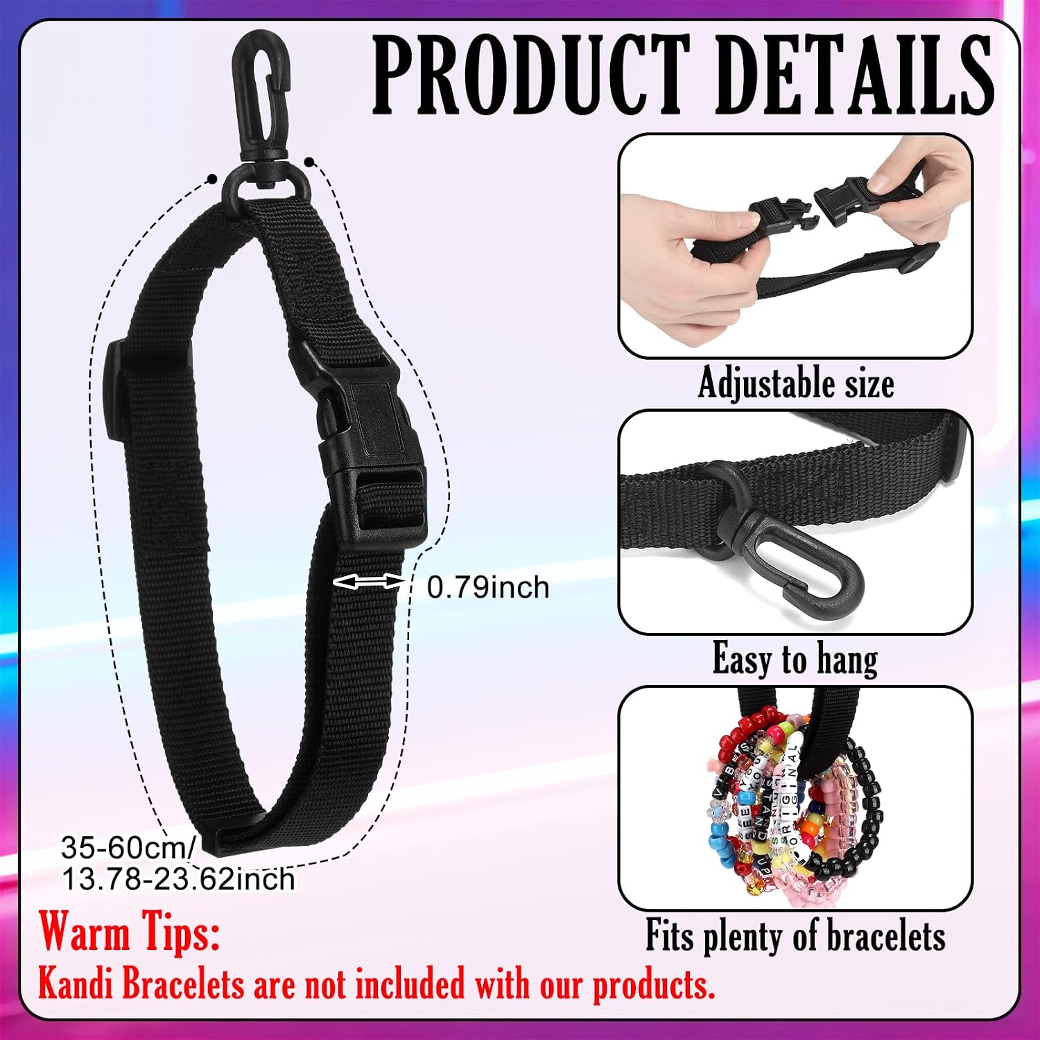 4 Pcs Kandi Bracelet Straps Kandi Cuff Rave Accessories Cargo Straps for Backpacks to Carry Bracelets at Raves Music Festivals EDM Life Party