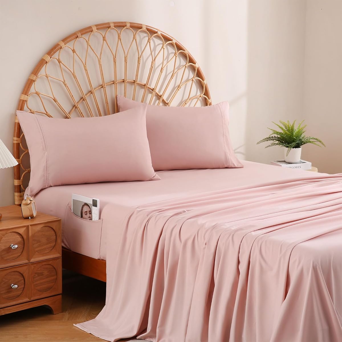 JSD Dusty Pink Queen Sheet Set Side Pocket, Microfiber Deep Pocket with Corner Straps
