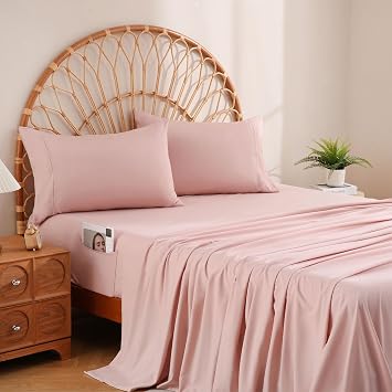 JSD Dusty Pink Queen Sheet Set Side Pocket, Microfiber Deep Pocket with Corner Straps